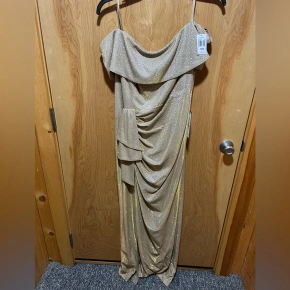 Xscape | Dresses | Xscape Gold Asymmetrical Ruched Cocktail Dress Nwt |  Poshmark